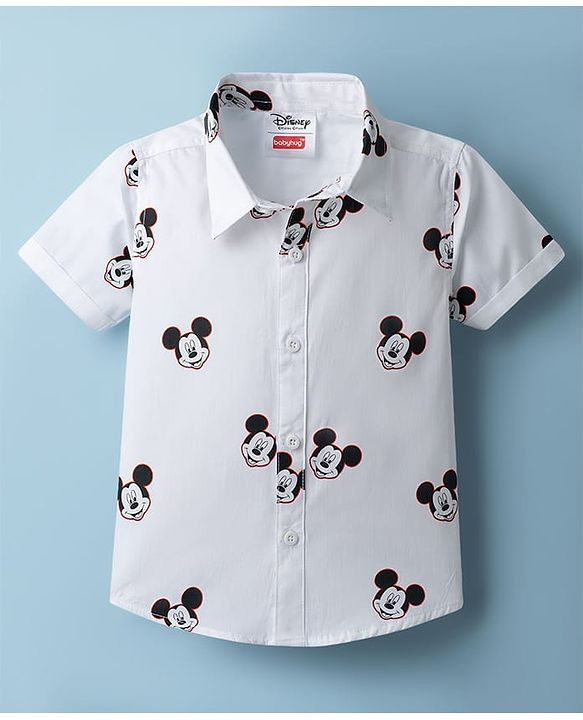 Babyhug Disney Cotton Woven Half Sleeves Shirt With Micky Mouse Graphics & Tie - White