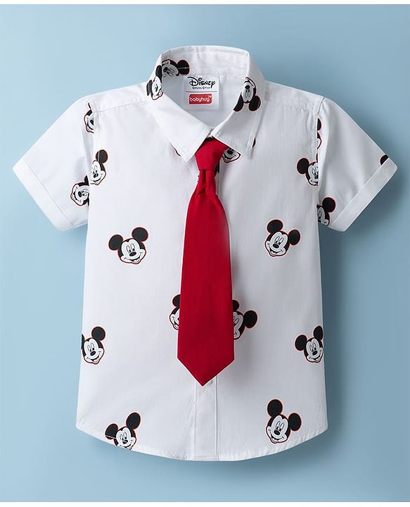 Babyhug Disney Cotton Woven Half Sleeves Shirt With Micky Mouse Graphics & Tie - White