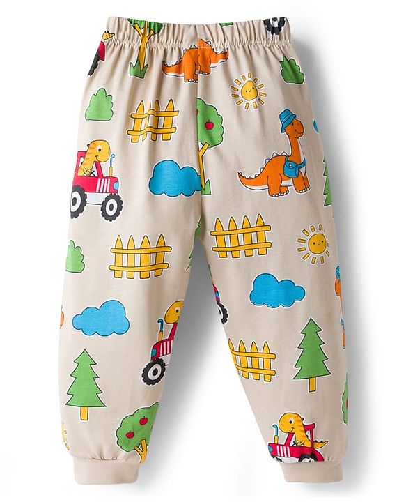 Babyhug Cotton Knit Full Sleeves T-Shirt & Pyjama Co-ord Night Suit With Dino Print - Beige