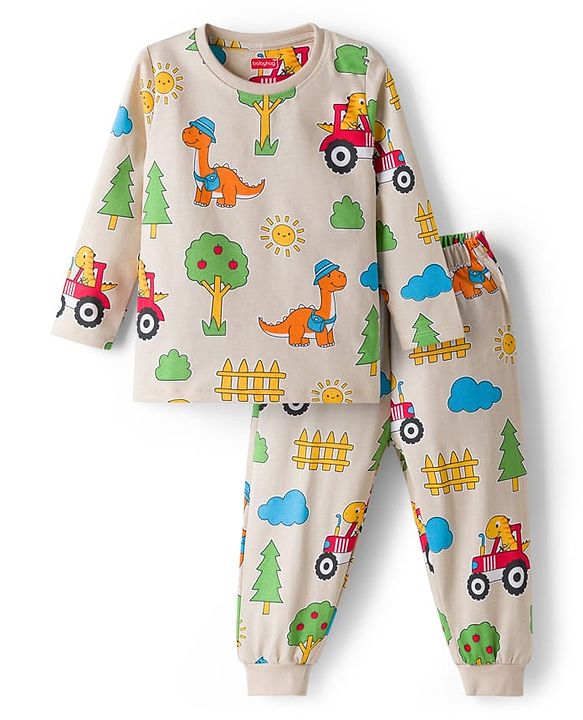 Babyhug Cotton Knit Full Sleeves T-Shirt & Pyjama Co-ord Night Suit With Dino Print - Beige