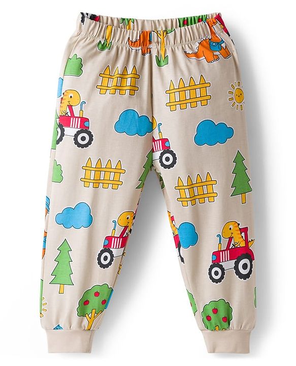 Babyhug Cotton Knit Full Sleeves T-Shirt & Pyjama Co-ord Night Suit With Dino Print - Beige