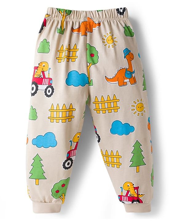 Babyhug Cotton Knit Full Sleeves T-Shirt & Pyjama Co-ord Night Suit With Dino Print - Beige