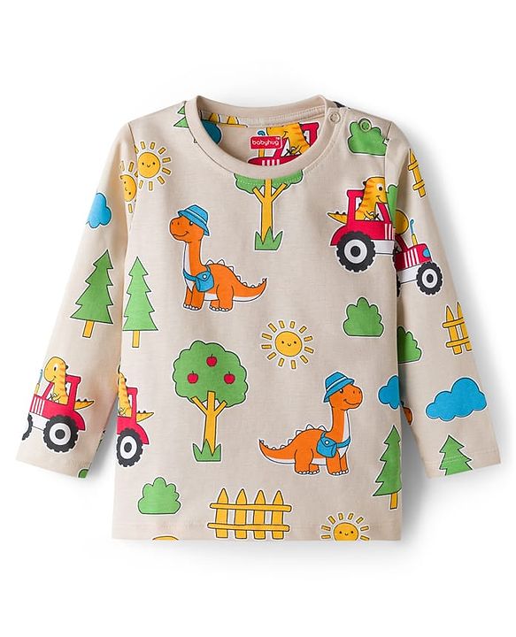 Babyhug Cotton Knit Full Sleeves T-Shirt & Pyjama Co-ord Night Suit With Dino Print - Beige