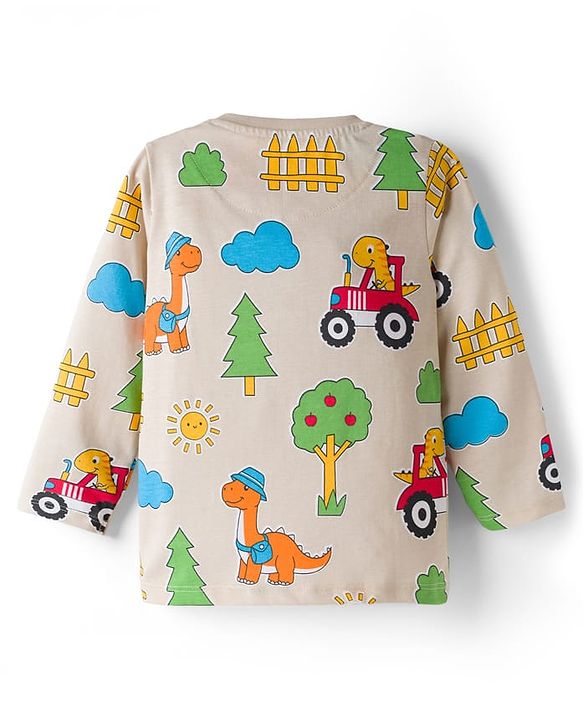 Babyhug Cotton Knit Full Sleeves T-Shirt & Pyjama Co-ord Night Suit With Dino Print - Beige