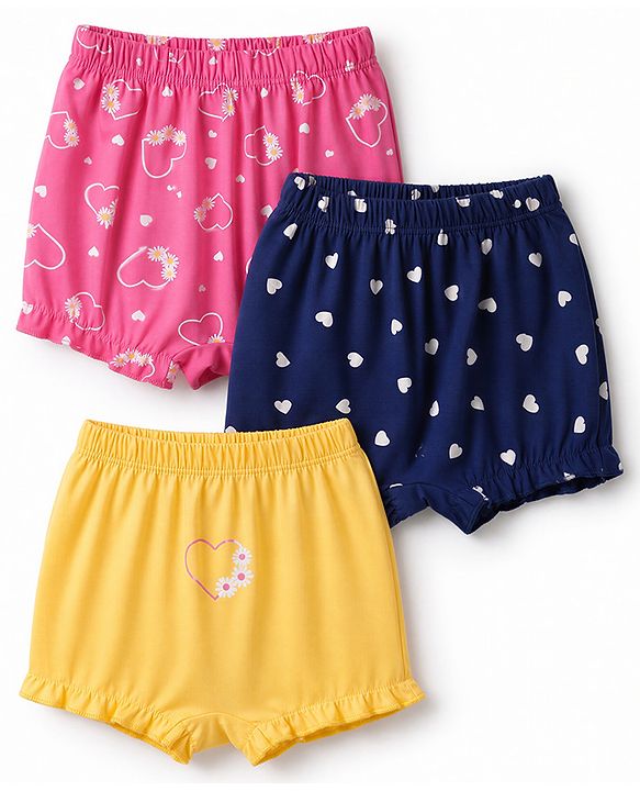 Babyhug 100% Cotton Single Jersey Knit Bloomer with Hearts & Floral Pack of 3 - Dark Pink Yellow & Navy