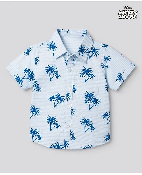 Babyhug Disney 100 % Cotton Woven Poplin Printed Shirt with Half Sleeves and Mickey Mouse Print in Blue