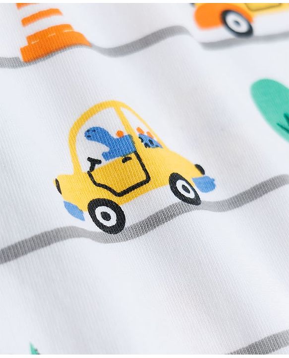 Babyhug Cotton Knit Full Sleeves Co-ords T-Shirt & Pajama Night Suit with Vehicle Print - White