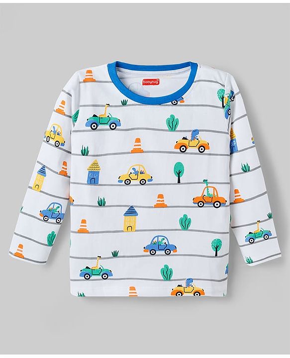Babyhug Cotton Knit Full Sleeves Co-ords T-Shirt & Pajama Night Suit with Vehicle Print - White