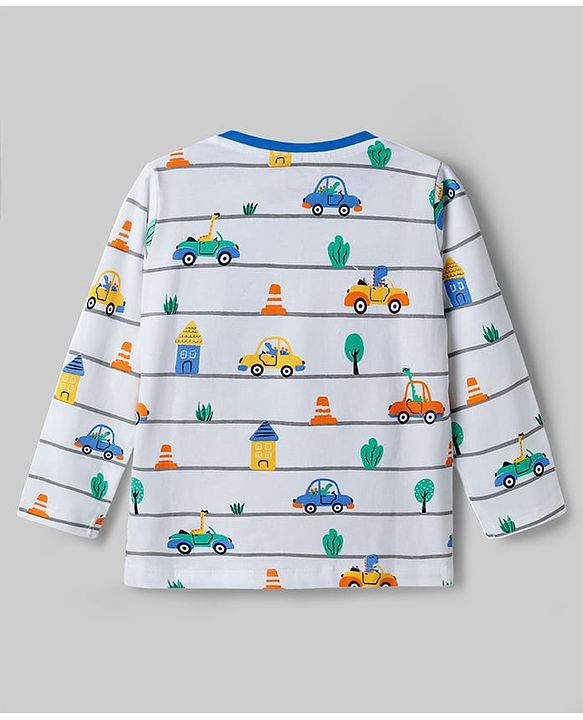 Babyhug Cotton Knit Full Sleeves Co-ords T-Shirt & Pajama Night Suit with Vehicle Print - White