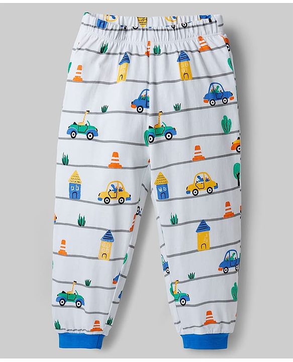 Babyhug Cotton Knit Full Sleeves Co-ords T-Shirt & Pajama Night Suit with Vehicle Print - White