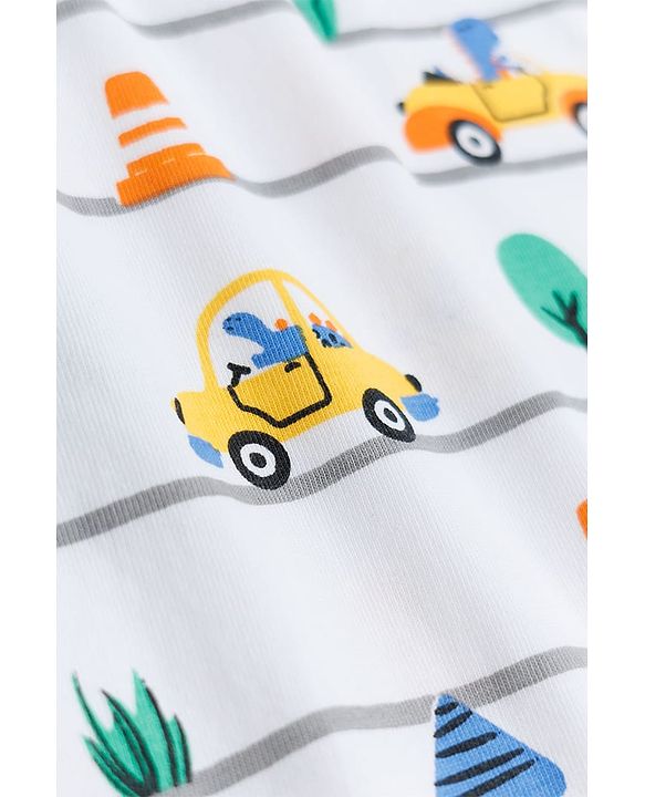 Babyhug Cotton Knit Full Sleeves Co-ords T-Shirt & Pajama Night Suit with Vehicle Print - White