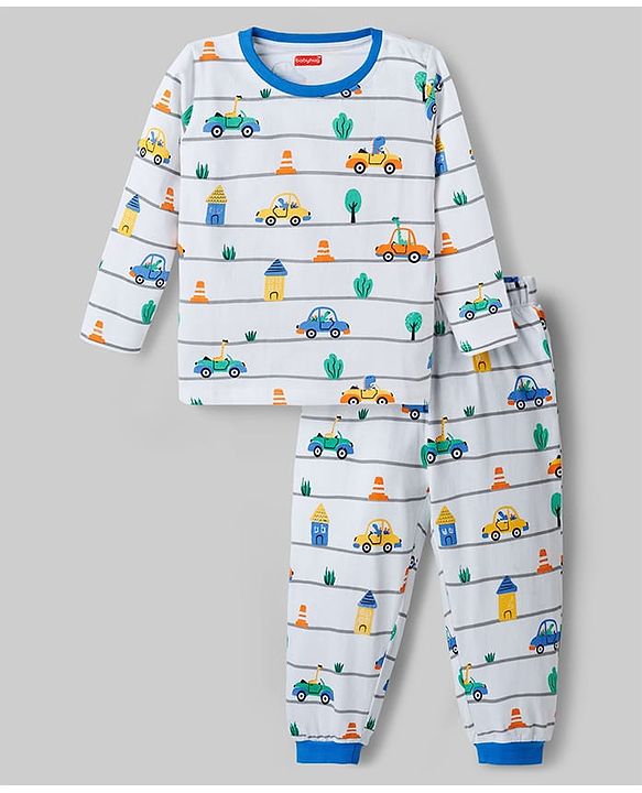 Babyhug Cotton Knit Full Sleeves Co-ords T-Shirt & Pajama Night Suit with Vehicle Print - White