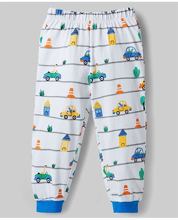 Babyhug Cotton Knit Full Sleeves Co-ords T-Shirt & Pajama Night Suit with Vehicle Print - White