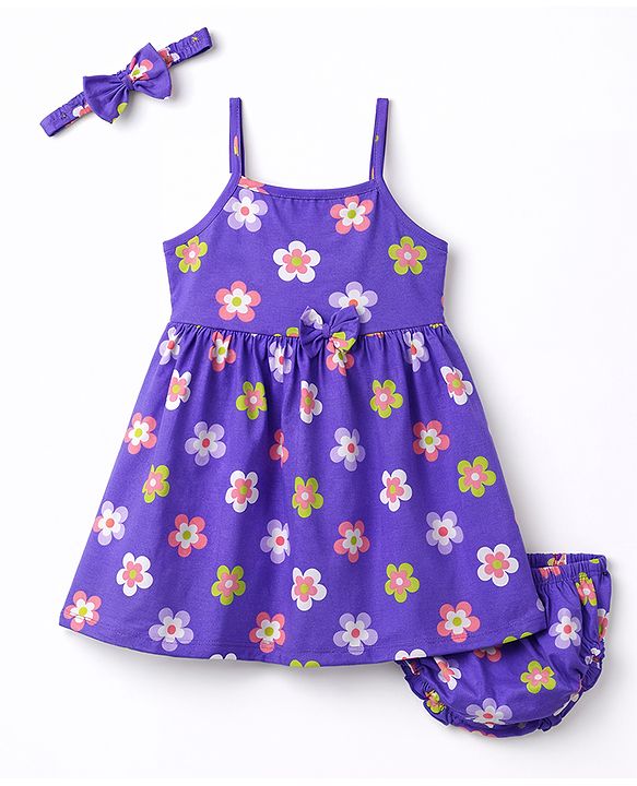 Babyhug Single Jersey Knit Sleeveless Floral Printed Frock With Bloomer & Headband - Purple