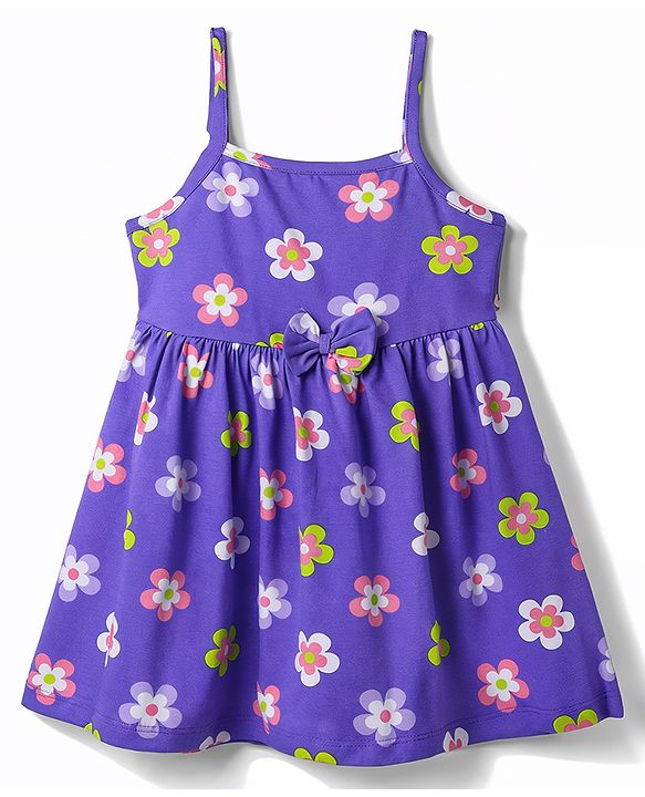Babyhug Single Jersey Knit Sleeveless Floral Printed Frock With Bloomer & Headband - Purple
