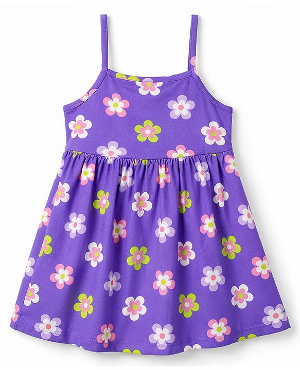 Babyhug Single Jersey Knit Sleeveless Floral Printed Frock With Bloomer & Headband - Purple