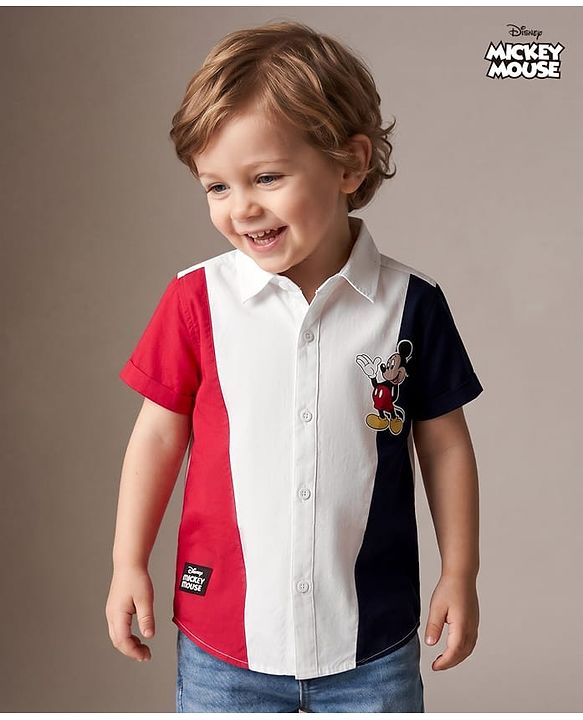 Babyhug Disney 100% Cotton Woven Half Sleeves Cut N Sew Shirt With Mickey Mouse Graphic - Red & White