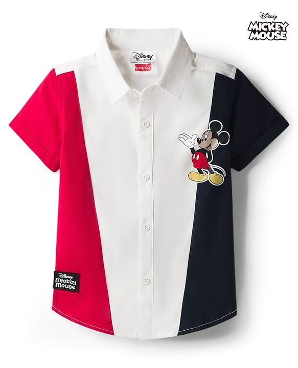 Babyhug Disney 100% Cotton Woven Half Sleeves Cut N Sew Shirt With Mickey Mouse Graphic - Red & White