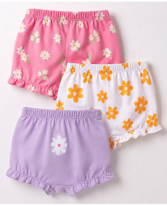 Babyhug 100% Cotton Knit Floral Printed Bloomers Pack Of 3 - Lilac Pink & White