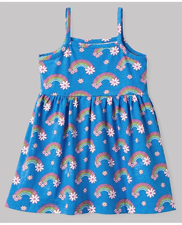 Babyhug Single Jersey Knit Frock & Bloomer With Half Sleeves Tee & Rainbow Print - Blue