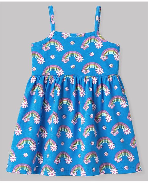 Babyhug Single Jersey Knit Frock & Bloomer With Half Sleeves Tee & Rainbow Print - Blue