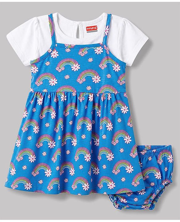 Babyhug Single Jersey Knit Frock & Bloomer With Half Sleeves Tee & Rainbow Print - Blue