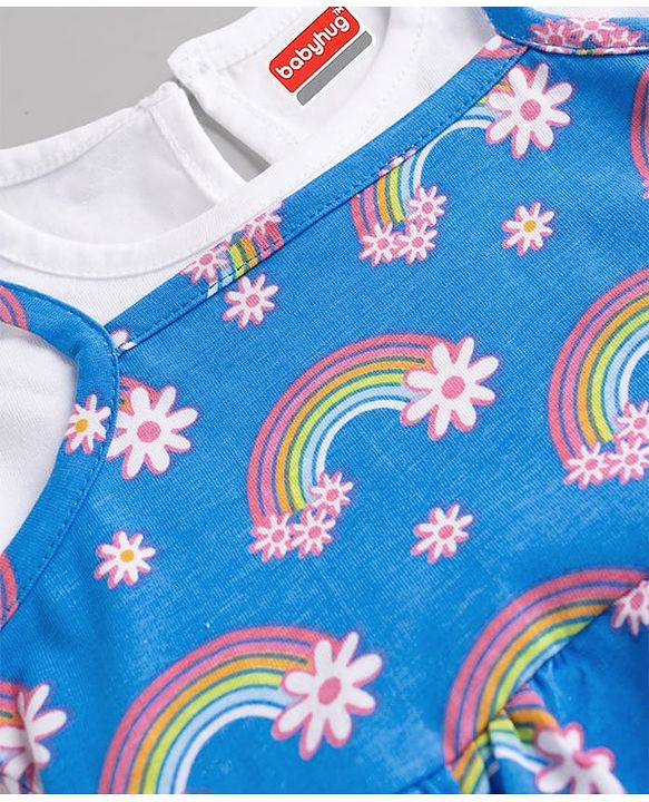 Babyhug Single Jersey Knit Frock & Bloomer With Half Sleeves Tee & Rainbow Print - Blue