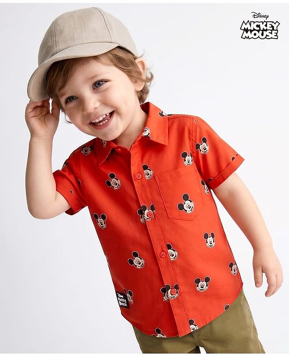 Babyhug Disney 100% Cotton Woven Half Sleeves Shirt With Mickey Mouse Graphic- Red