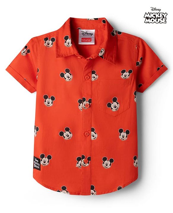 Babyhug Disney 100% Cotton Woven Half Sleeves Shirt With Mickey Mouse Graphic- Red