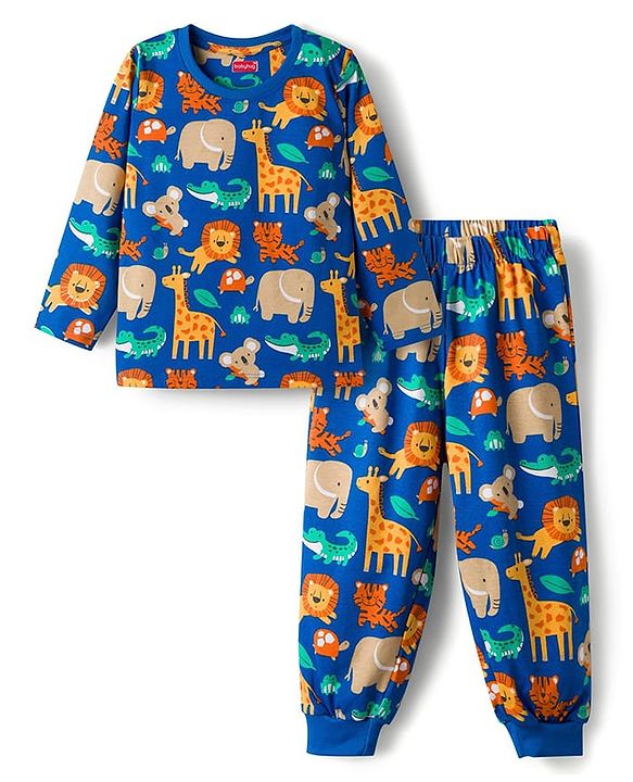 Babyhug 100% Cotton Knit Full Sleeves Animal Printed Co-Ords T-Shirt & Pyjama Night Suit - Blue