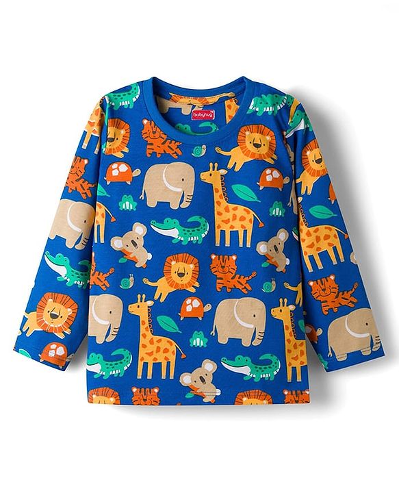 Babyhug 100% Cotton Knit Full Sleeves Animal Printed Co-Ords T-Shirt & Pyjama Night Suit - Blue