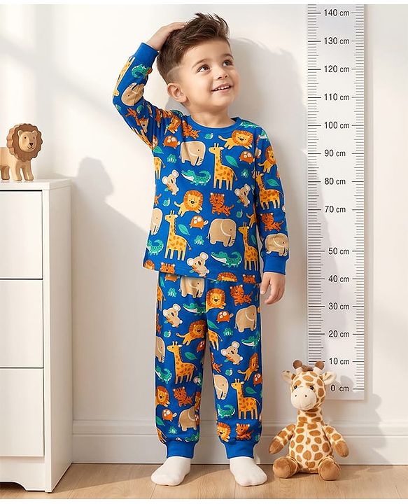 Babyhug 100% Cotton Knit Full Sleeves Animal Printed Co-Ords T-Shirt & Pyjama Night Suit - Blue
