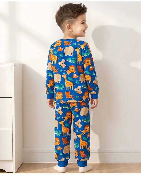 Babyhug 100% Cotton Knit Full Sleeves Animal Printed Co-Ords T-Shirt & Pyjama Night Suit - Blue