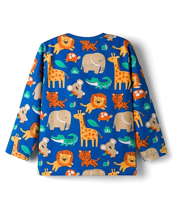 Babyhug 100% Cotton Knit Full Sleeves Animal Printed Co-Ords T-Shirt & Pyjama Night Suit - Blue