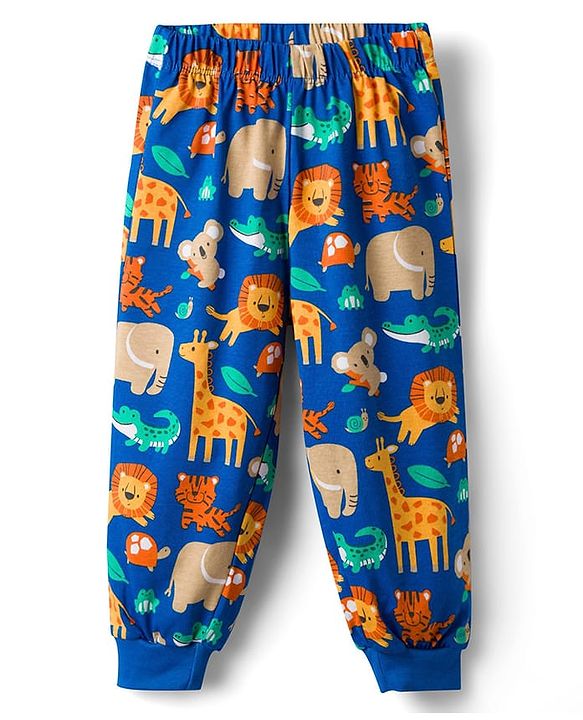 Babyhug 100% Cotton Knit Full Sleeves Animal Printed Co-Ords T-Shirt & Pyjama Night Suit - Blue