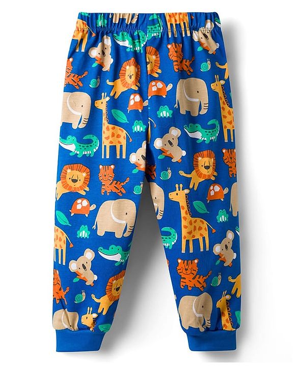 Babyhug 100% Cotton Knit Full Sleeves Animal Printed Co-Ords T-Shirt & Pyjama Night Suit - Blue