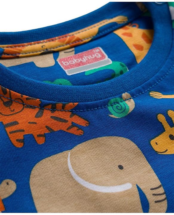 Babyhug 100% Cotton Knit Full Sleeves Animal Printed Co-Ords T-Shirt & Pyjama Night Suit - Blue