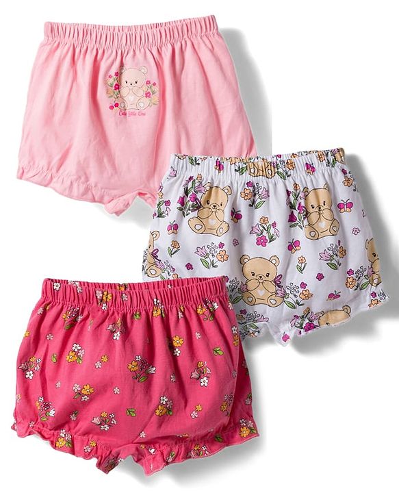 Babyhug 100% Cotton Knit Bloomers With Teddy Bear & Floral Print Pack of 3 - Multicolor