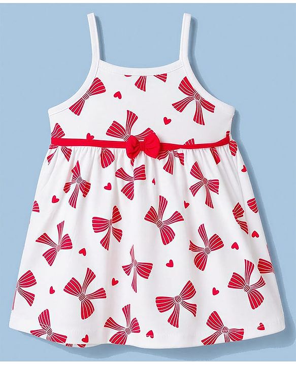 Babyhug Single Jersey Knit Half Sleeves Bow Print & Applique Frock With Shrug - White