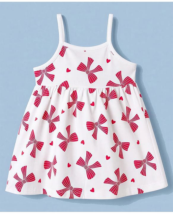 Babyhug Single Jersey Knit Half Sleeves Bow Print & Applique Frock With Shrug - White
