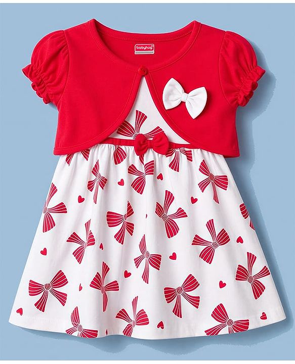 Babyhug Single Jersey Knit Half Sleeves Bow Print & Applique Frock With Shrug - White