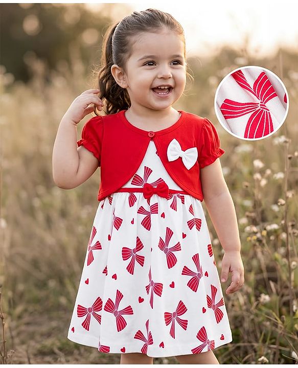 Babyhug Single Jersey Knit Half Sleeves Bow Print & Applique Frock With Shrug - White