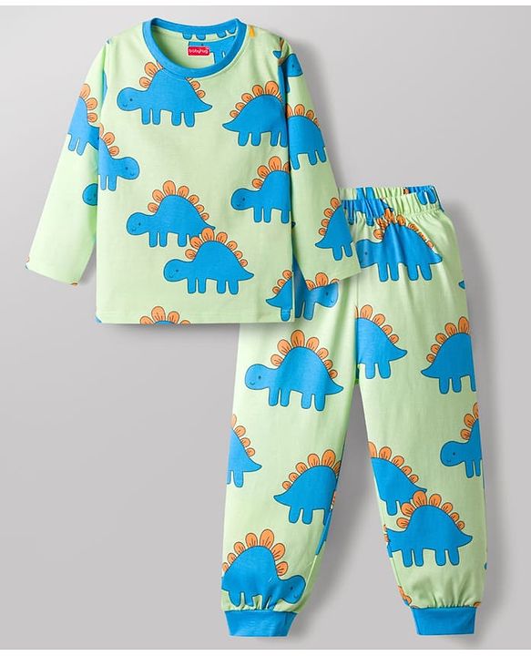 Babyhug Cotton Knit Full Sleeves Dino Printed Co-Ords T-Shirt & Pyjama Night Suit - Light Green