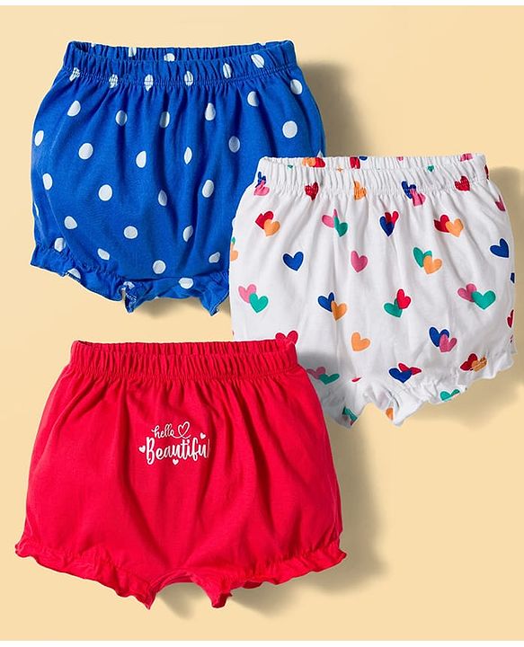 Babyhug 100% Cotton Knit Polka Dots & Hearts Printed Bloomers Pack Of 3 - Multicolour