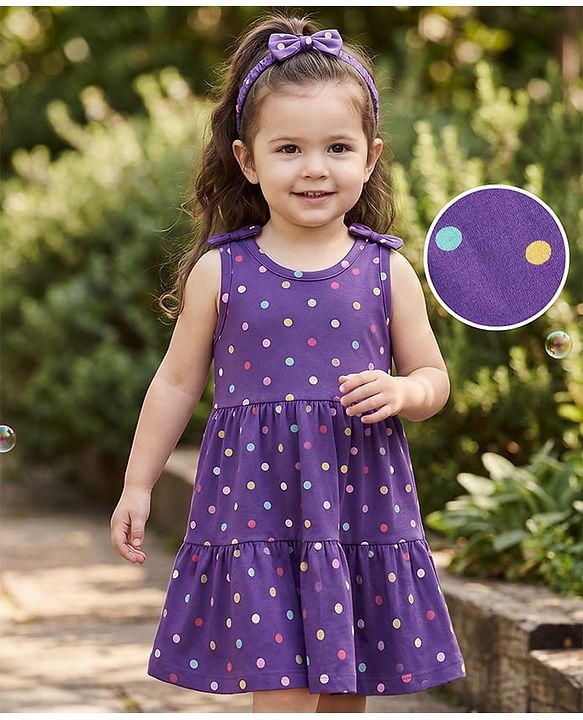 Babyhug Single Jersey Knit Sleeveless Tiered Frock & Headband With Polka Dot Print -Purple