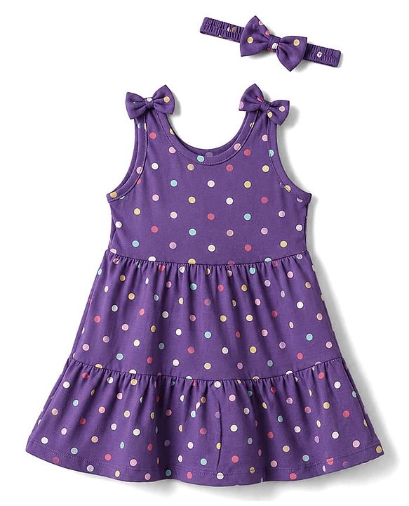 Babyhug Single Jersey Knit Sleeveless Tiered Frock & Headband With Polka Dot Print -Purple
