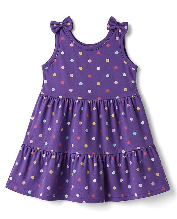 Babyhug Single Jersey Knit Sleeveless Tiered Frock & Headband With Polka Dot Print -Purple