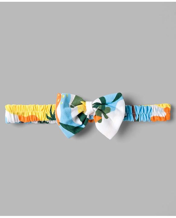 Babyhug Single Jersey Knit Sleeveless Beach Theme Printed Frock With Bow Applique & Headband - White