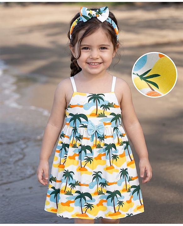 Babyhug Single Jersey Knit Sleeveless Beach Theme Printed Frock With Bow Applique & Headband - White