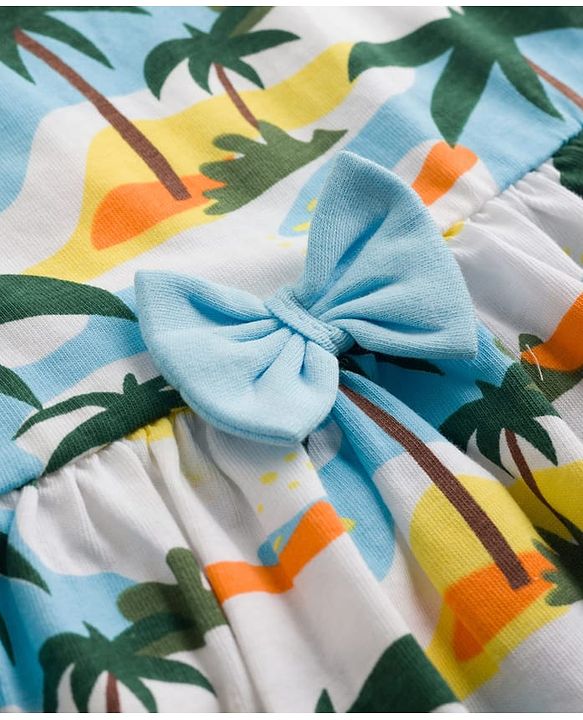 Babyhug Single Jersey Knit Sleeveless Beach Theme Printed Frock With Bow Applique & Headband - White